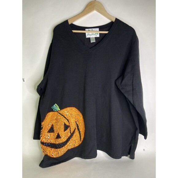 Quacker Factory Women 2X Black Halloween Pumpkin Sequin Long Sleeve Knit Top - Picture 1 of 7